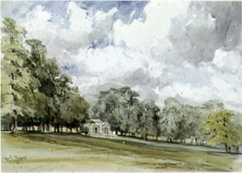 View in Kensington Gardens showing the Temple Cottage